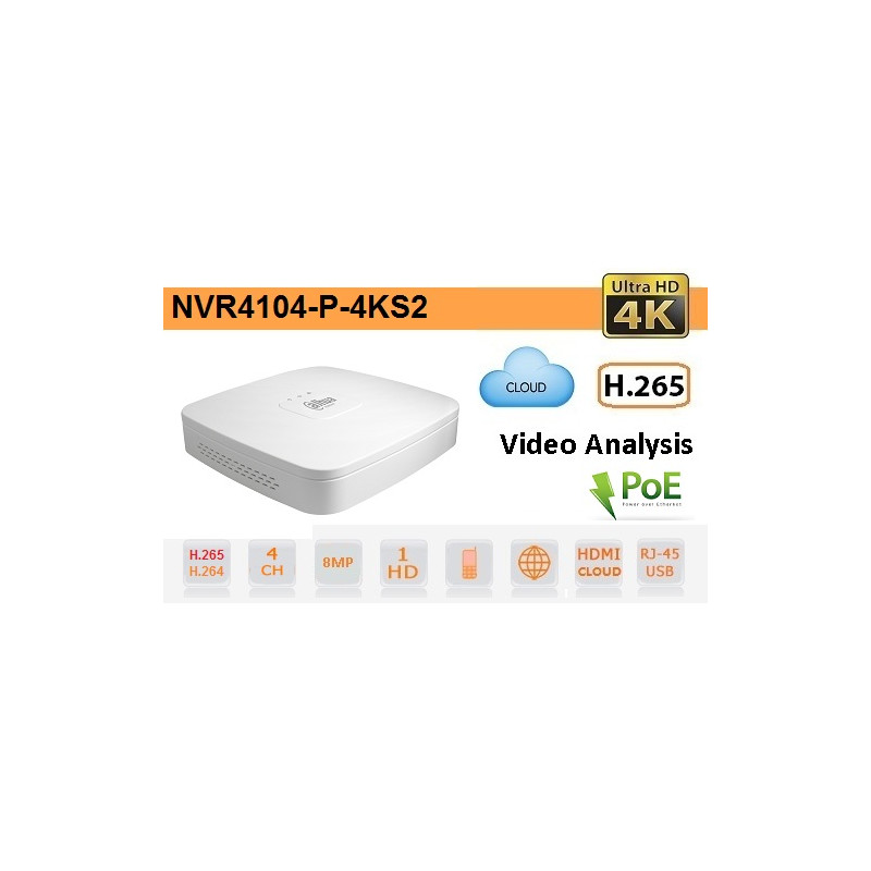 NVR IP a 4 Canali 4K&ampH.265 fino a 8MP 1HDD PoE - Dahua - NVR4104-P-4KS2